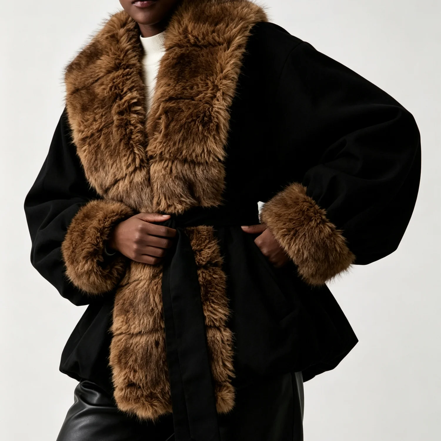 Women Faux Fur Trim Coat Belted Waist Lantern Long Sleeve Loose Oversized Winter Warm Elegant Outerwear Jacket