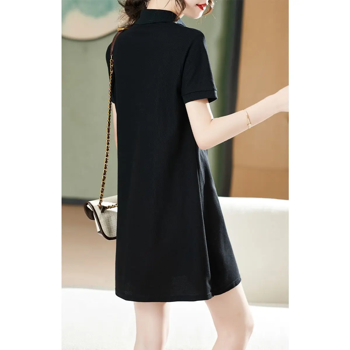 夏服 レディース カジュアル ボタン ポロ襟 半袖 無地 ミディアム丈 Tシャツ おしゃれ 若見えワンピース