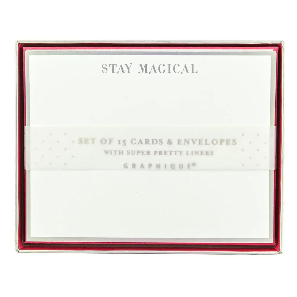 

Карточки для записей Flat Notes, дизайн «Stay Magical» — 15 элегантных карточек и конвертов для особых случаев с красивой серебряной отделкой и надписью «Stay Magic».