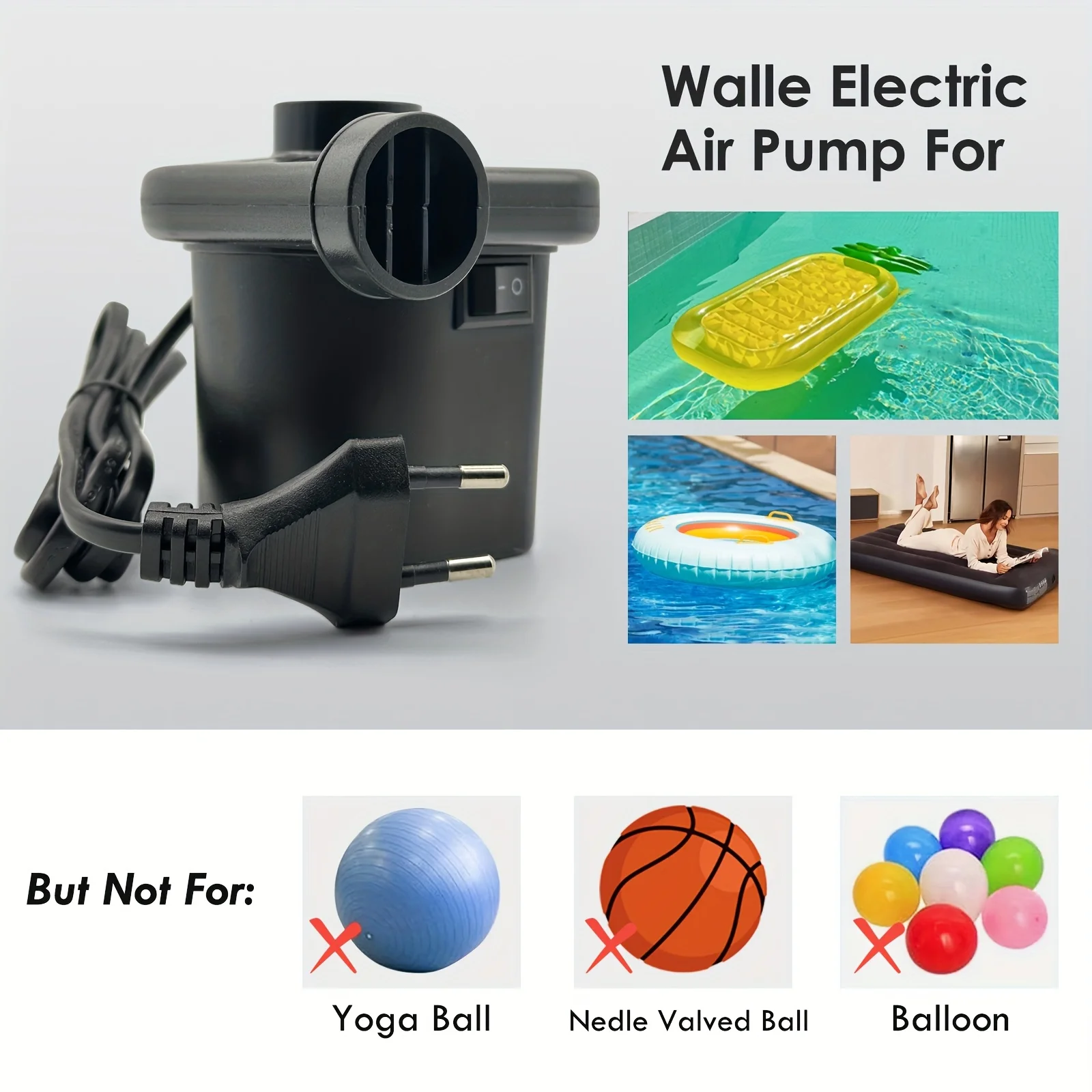 Aufblasbare Pumpe AC220V, schnelles Aufblasen für Reisematten mit 3 Düsen für Poolspielzeug, Luftbett, Luftmatratze, Schwimmbad-Inflator