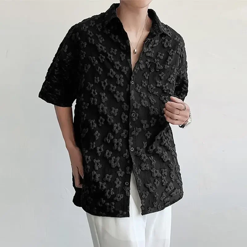 Summer Lapel Casual Black Versatile Short Sleeved Shirts for Men Loose Three-dimensional Relief Flower Mens Shirt