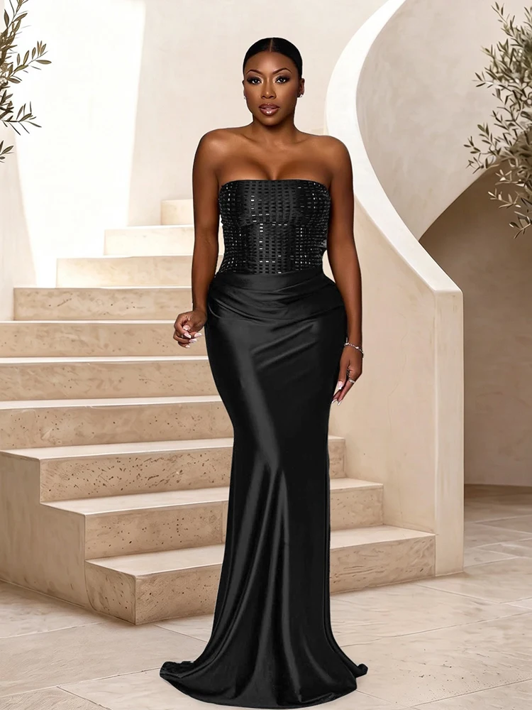 Sexy Rhinestone Strapless Prom Dress Long Evening Gown for Wedding Guest Off Shoulder Party Elegant Mermaid Maxi Dress Women