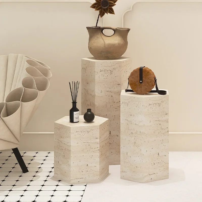 Platform display stand hexagonal travertine base model window column figure height increase wooden display pier