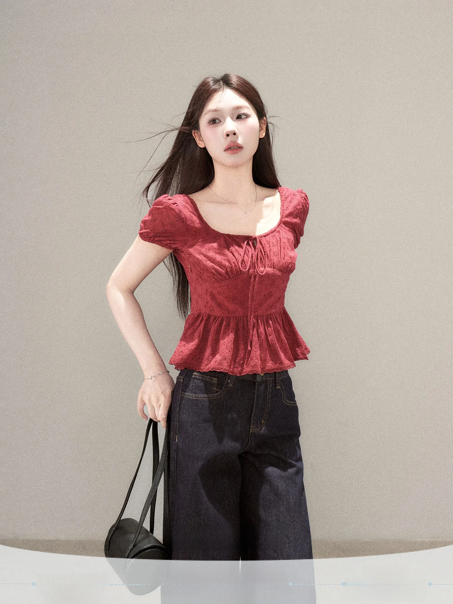 

Slim Fit Short Sleeve Shirt Women's Red Top Ultra Thin French Style Fashionable Summer New Arrival Vintage One Small Wild Berry