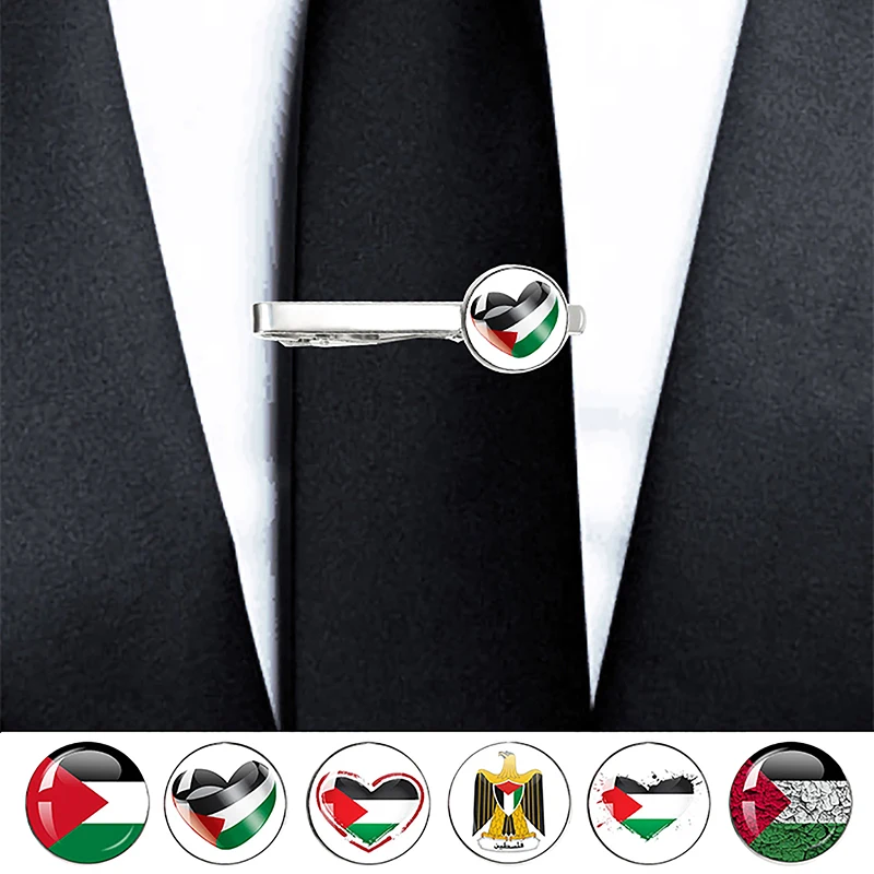 Palestine Flag Tie Clip Shirt Tie Clip Man Shirt Cufflinks Men's Gift Jewelry Business Round Hand Craft Glass Cabochon Clips