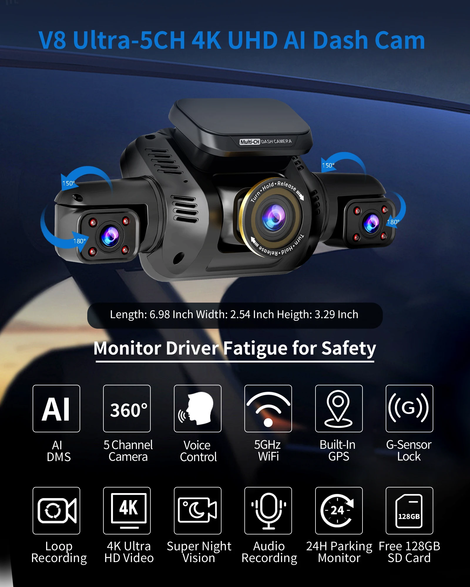 HUPEJOS 360° V8 UITRA-5CH 4K Dash Cam With AI Driver Monitor System DMS Built-in GPS WiFi Night Vision,24/7 Parking Monitor Mode