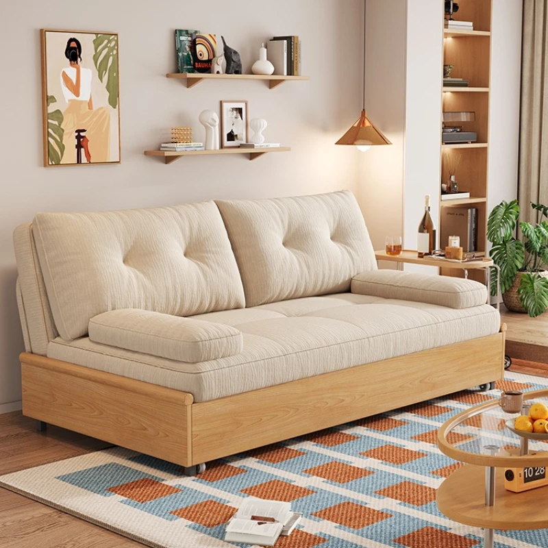 

Solid wood sofa bed new cotton and linen fabric small apartment study multi-functional removable