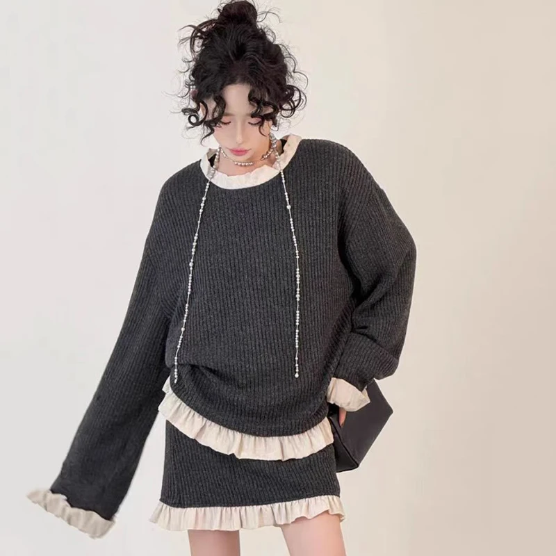 

Autumn Women's Knitted Two Piece Sets Women Outfits Long Sleeve O-neck Pullover Casual Ladies Jumpers High Waist Mini Skirts