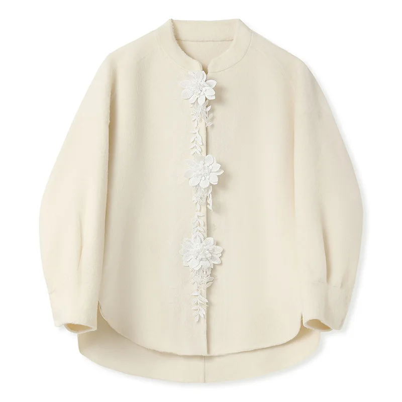 Autumn and Winter Solid Color Fashionable Wool Coat Three-dimensional Flower Woolen Coat