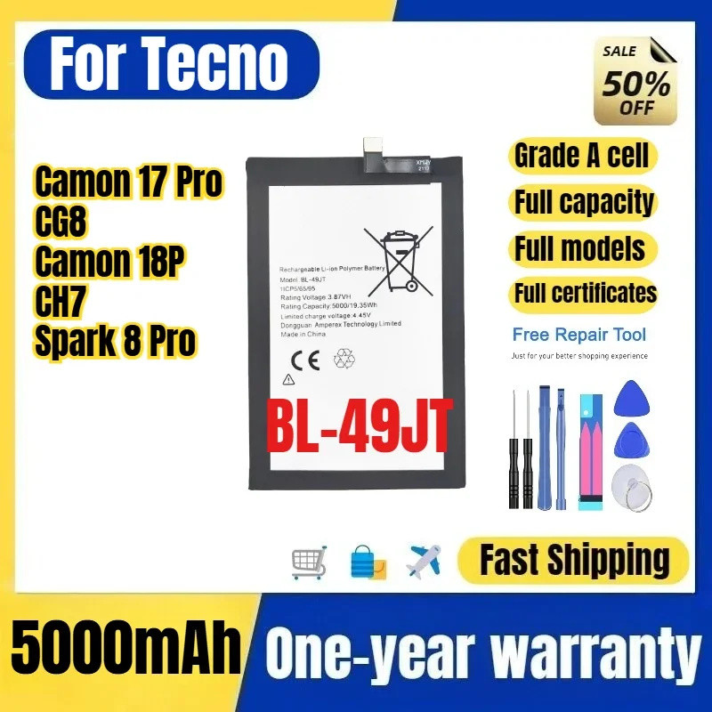 BL-49JT for Tecno Camon 17 Pro/CG8/Camon 18P/CH7/Spark 8 Pro Phone Battery High Quality Capacity Replacement Bateria with Tools