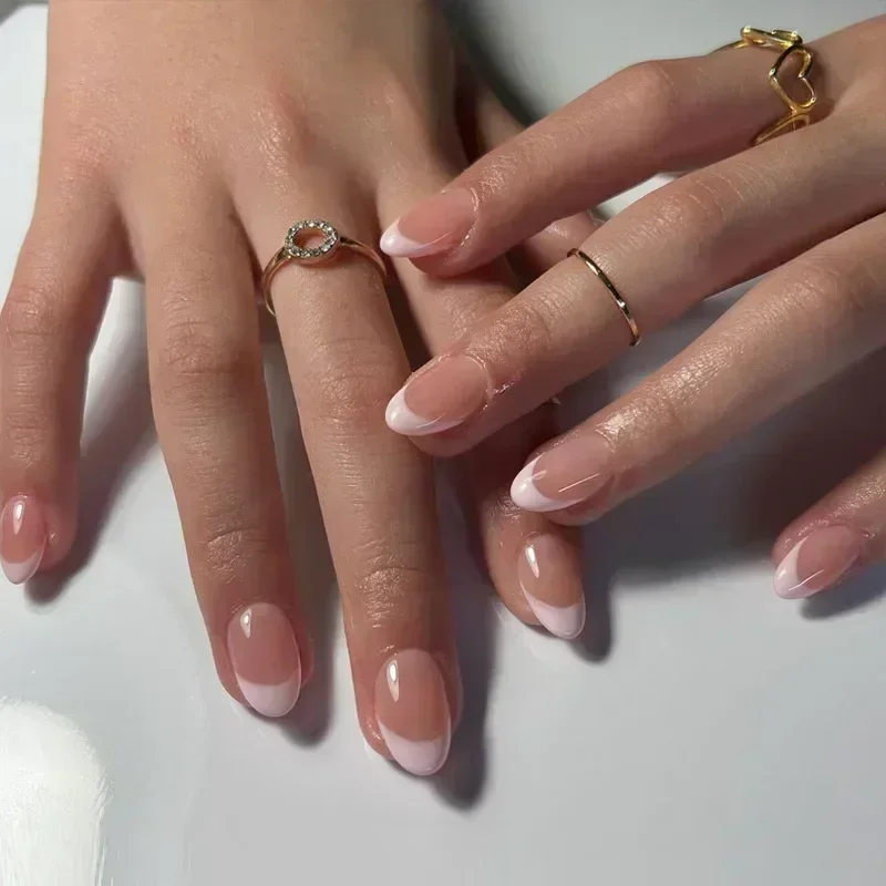 24 pçs unhas falsas francesas amêndoa unhas falsas com cola imprensa na borda branca design wearable simples ins rosa stiletto dicas de unhas