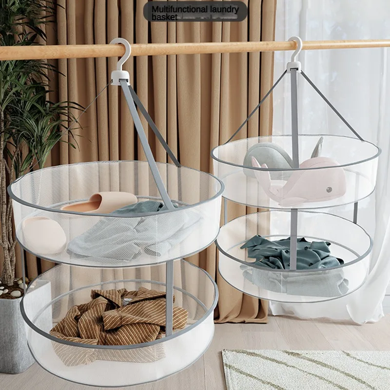 Foldable Double Layer Hanging Dry Net Mesh Clothes Drying Basket Balcony Sock Underwear Drying Rack Laundry Organizer