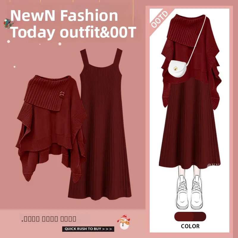 

Красный комплект из двух предметов: модное пальто и свитер, облегающее платье на бретельках, комбо с длинными рукавами и длинными брюками для женщин 18-25 лет.