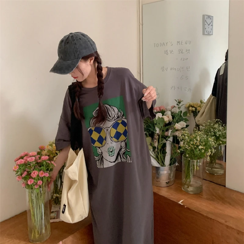 Abito t-shirt a maniche corte larghe Abito estivo da donna Nuovo stile Taglie forti Copri pancia Abiti a mezza manica soprabito a metà polpaccio