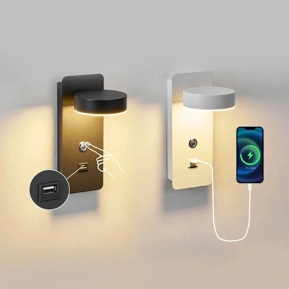 

USB Charging Bedside Lamp, 3-Color Dimmable LED Wall Light for Bedroom, Touch Switch Modern Night Light Sconce