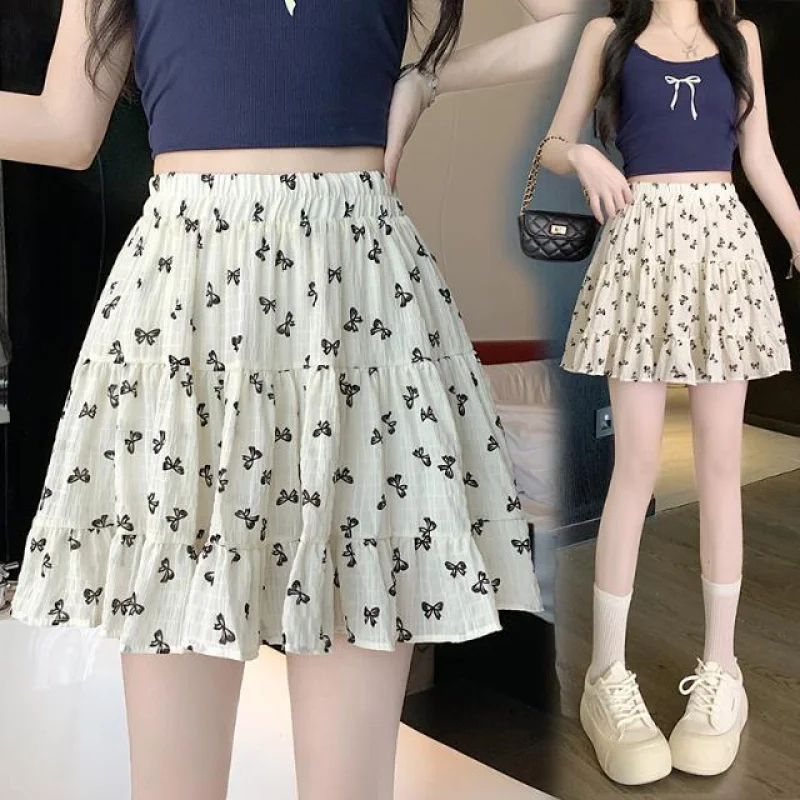 Spring Summer Woman Skirt Sweet Cute Elastic Waist Sexy Short Pleated Skirts Girl Printed Black Halfskirt College Style