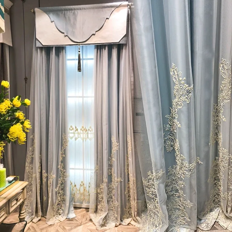 

Korean Romantic Embroidered Sheer Tulle and Blue Polyester Cloth Double-Layer Curtains For Living Room Bedroom Wedding Room