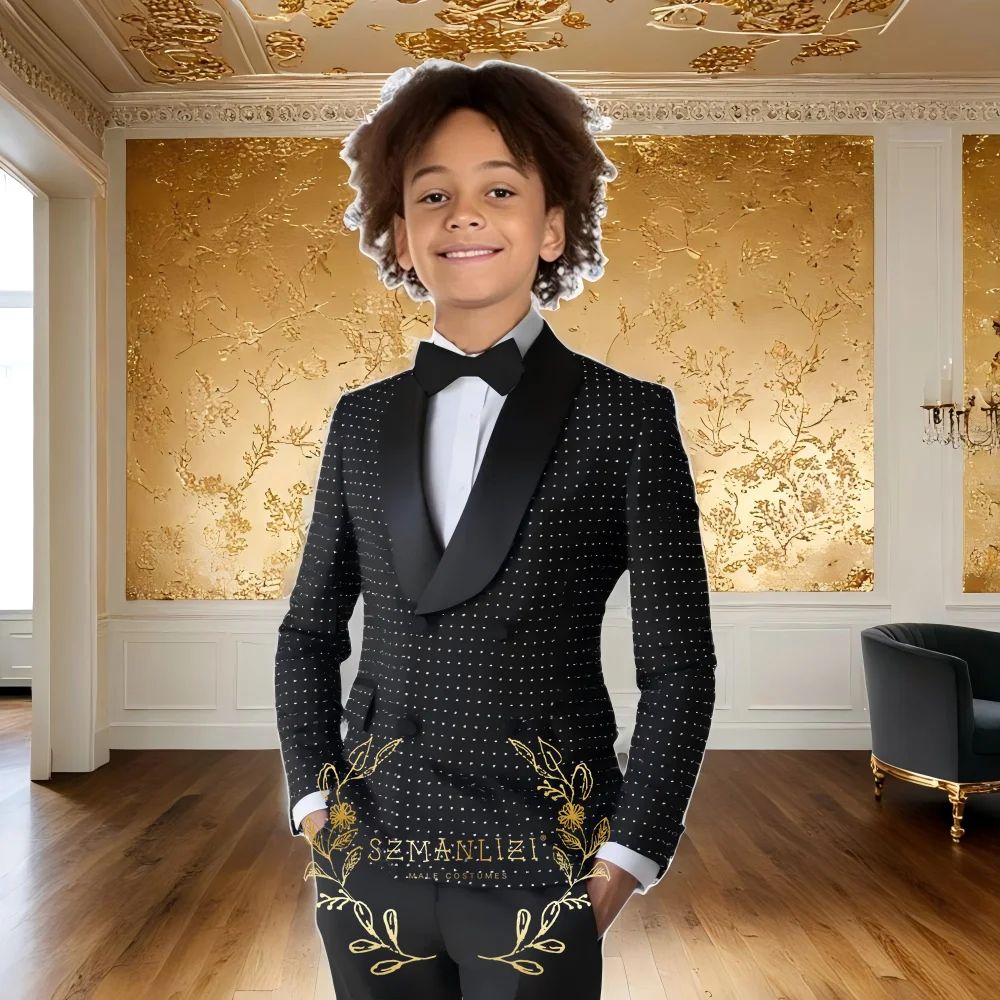 Schwarz Polka Dots Jungen Anzüge Für Hochzeiten Kinder Anzüge Zweireiher Kind Hochzeit Prom Anzüge Blazer Sets Für Jungen Smoking