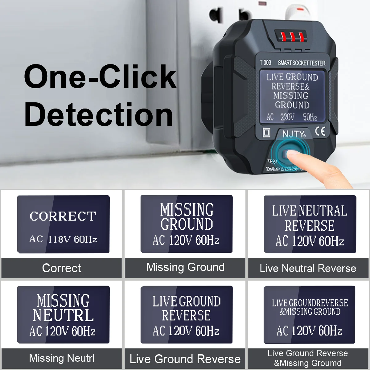 NJTY T003 Smart Socket Tester with LCD Display Instantly Detect Wiring Faults, Voltage & Frequency RCD Safety Test (90–250V)