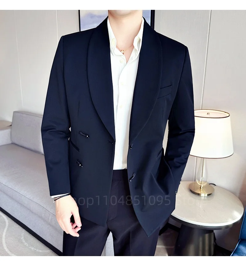 

XS-6XL Navy Blue Men Suits For Wedding Slim Fit Shawl Lapel Blazer Pants 2 Piece Formal Business Groom Tuxedo Costume Homme