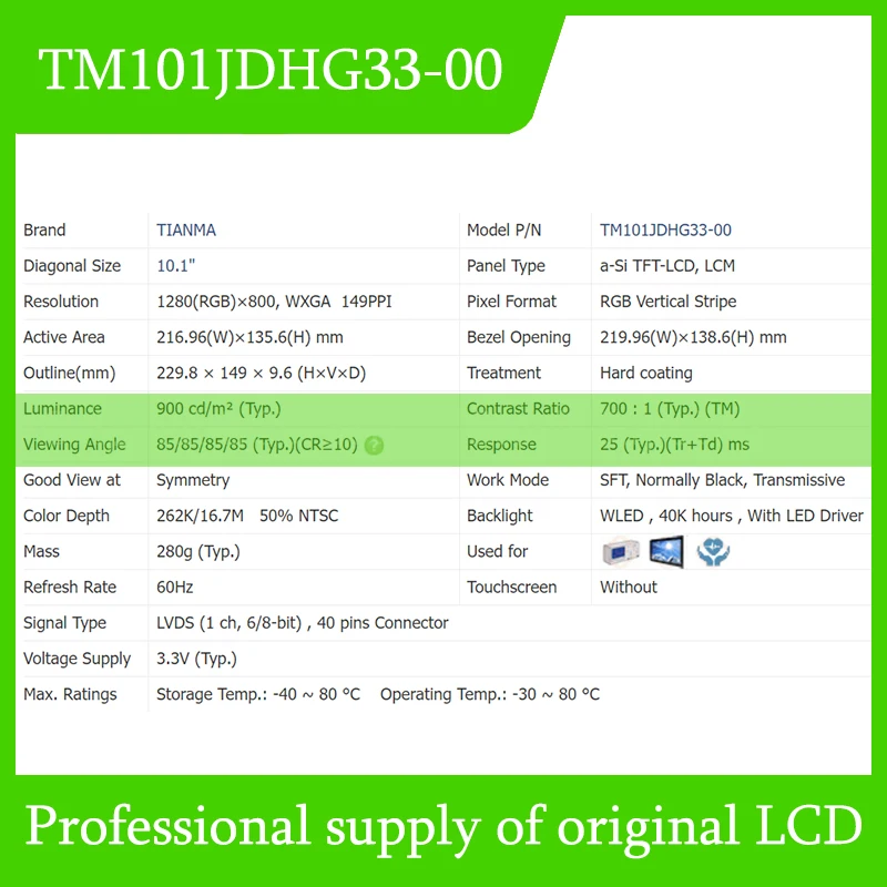 Pantalla LCD TM101JDHG33-00 de 10,1 pulgadas, totalmente probada, envío rápido