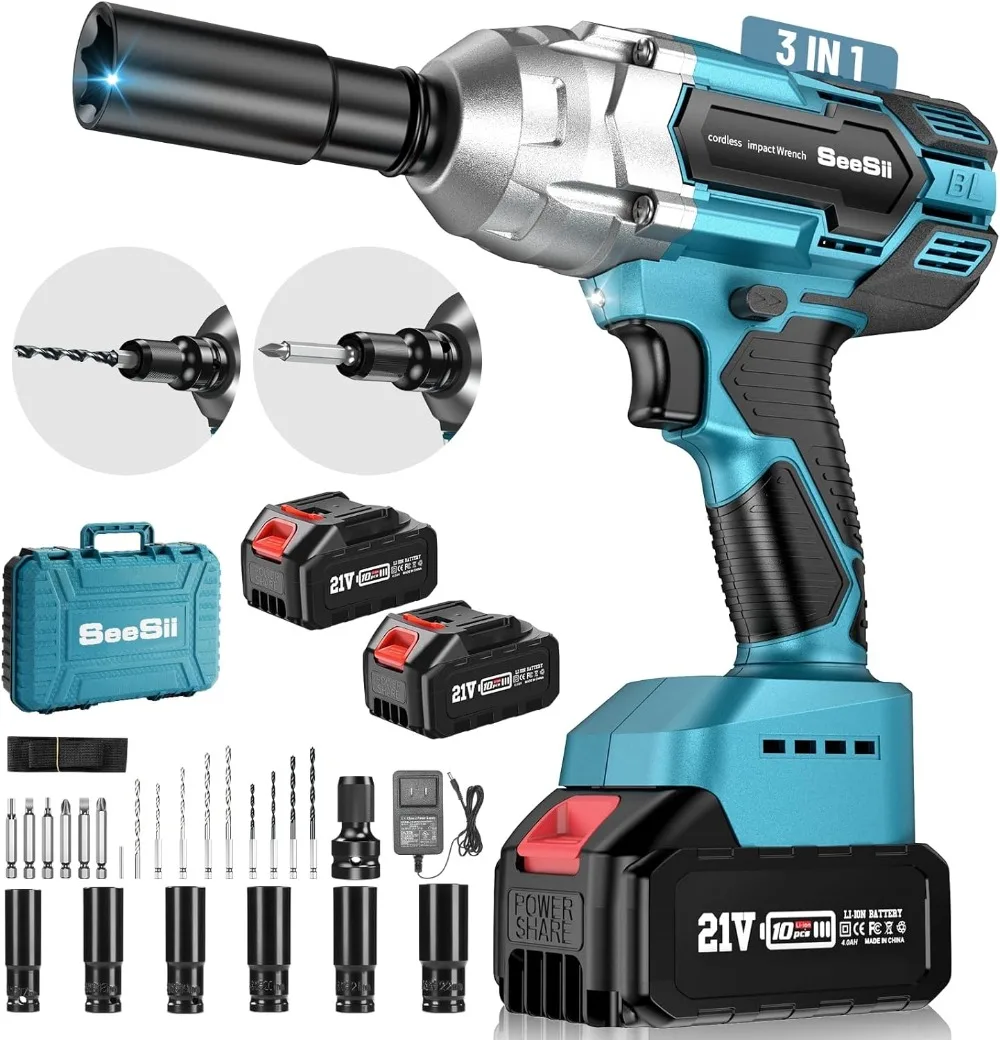 

Brushless Power Impact Wrench, Cordless, 1/2 Inch Max High Torque 479 Ft-lbs(650Nm), 3300RPM W/ 2x 4.0 Battery,6 Sockets,9 Drill