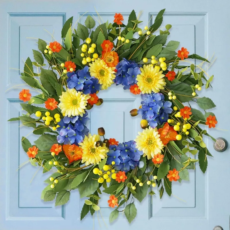 

Summer Wreaths for Front Door Outside,Barberton Daisy Spring Wreath with Hydrangea,for All Season Farmhouse Home Outdoor Indoors