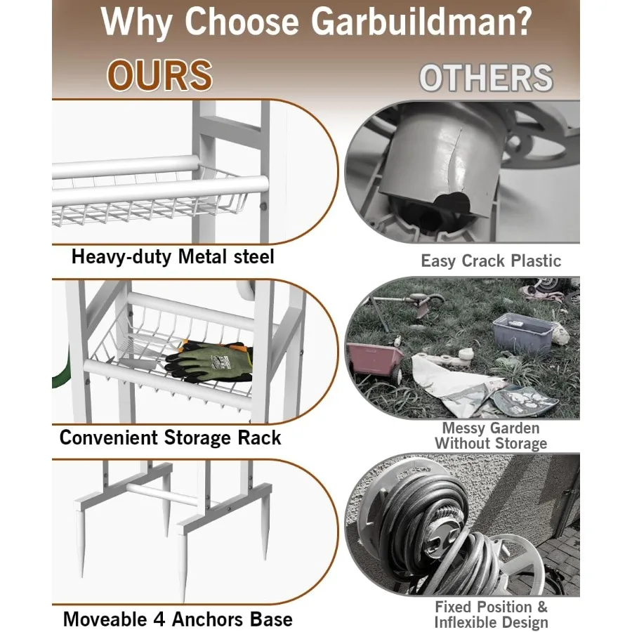 지상 설치형 정원 호스 릴, 5/8인치 호스 125피트 및 3.9피트 리더 브라스 피팅 포함, 물 호스 홀더 스탠드