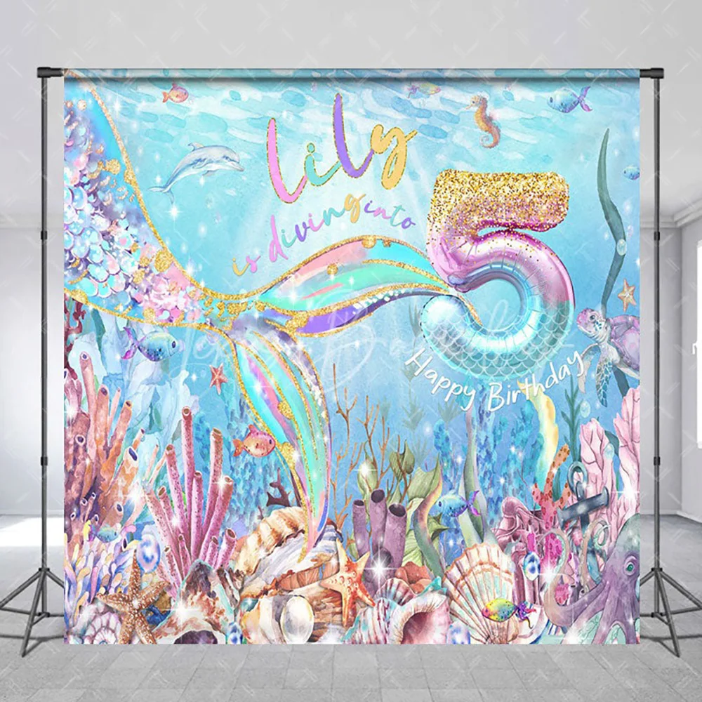 

Color Undersea Mermaid Custom 5th Birthday Backdrop for Girl, Ocean Photography Background Photo Booth Decoration