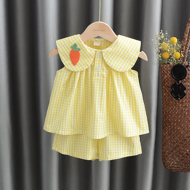 Summer Girls Cute Sets Fruit Cotton Plaid Sweet Princess 2pcs Set Children\'s Clothing Kids Baby Girl Cloths