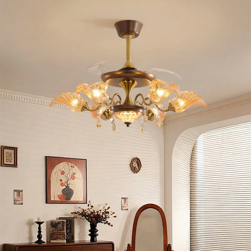French Retro Aesthetic Pendant Lights Invisible Electric Ceiling Fan Lamp Living Room Restaurant Bedroom Romantic LED Chandelier