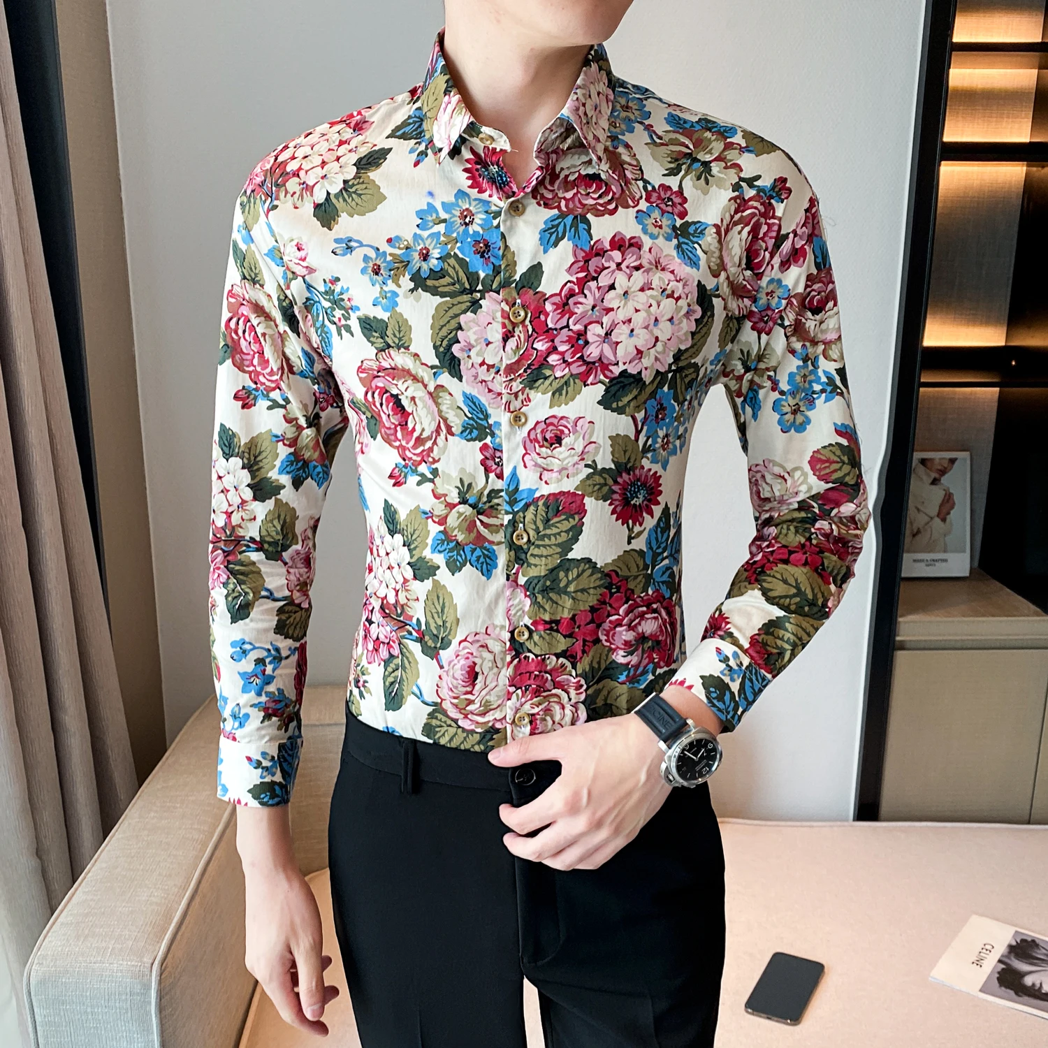 Stylish Colorful Flowers Shirts For Men High Quality Single-breasted Long Sleeve Cotton Shirt Blouses Streetwear Plus Size 5XL-M