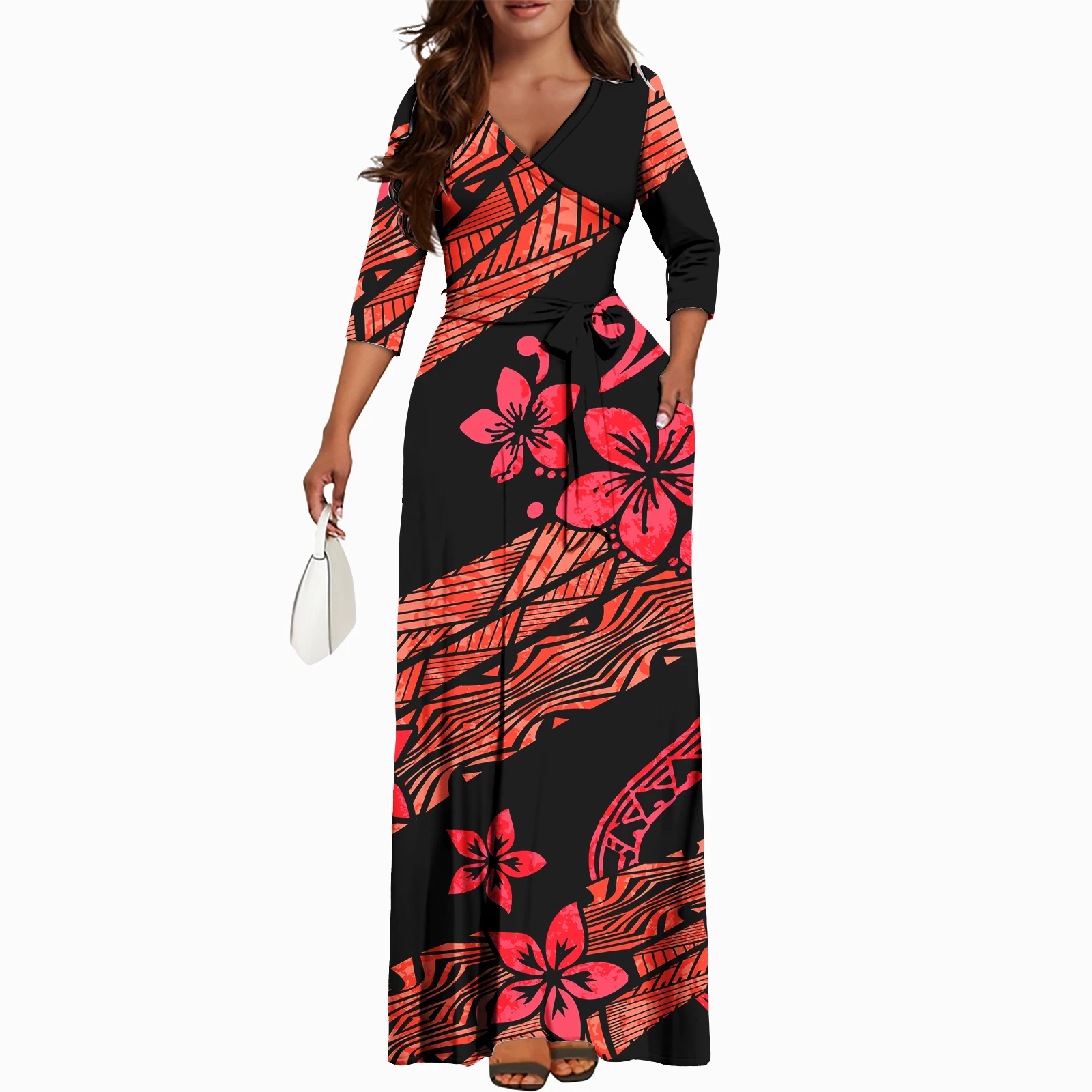 Fall Island Style Slim Dress With Pockets Plus Size Formal Luxury Design Polynesian Hawaiian Elegant Women\'s Dresses