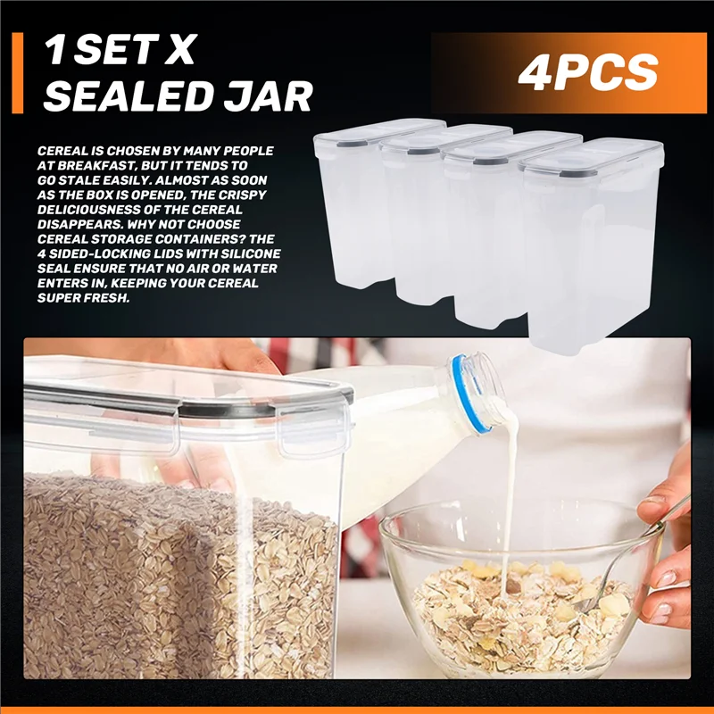 

FAAJ-4Pcs Cereal Storage Container Set, PP Airtight Food Storage Containers 2.5L For Cereal, Snacks And Sugar
