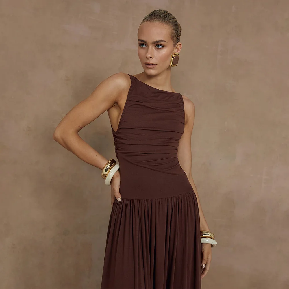 

Women's High Waist Sexy long Dress Solid Color Long Party Dresses Pleated Slim Fit Sleeveless slash neck Evening Dress N1223-10