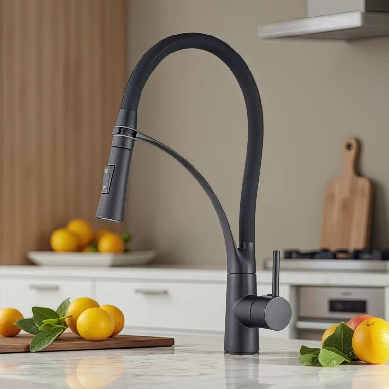 Brushed Nickel Rubber Kitchen Faucet Mixer Tap Rotation Pull Down Stream Sprayer Taps Hot Cold Water Tap One Handle Kitchen Tap