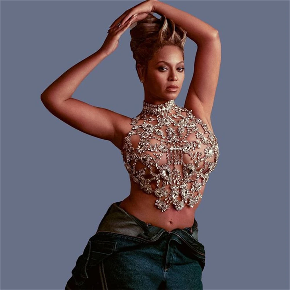 Luxury Crop Top Women Fashion Rhinestone Sexy Hollow Out Camis Body Chain Flowers Sophisticated Nightclub Bikini Corset Bra