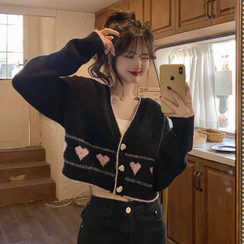 MEXZT Sweet Knitted Cardigan Women Korean Fashion Heart Button V Neck Print Sweater Coat Y2K Cute Loose Long Sleeve Crop Top New