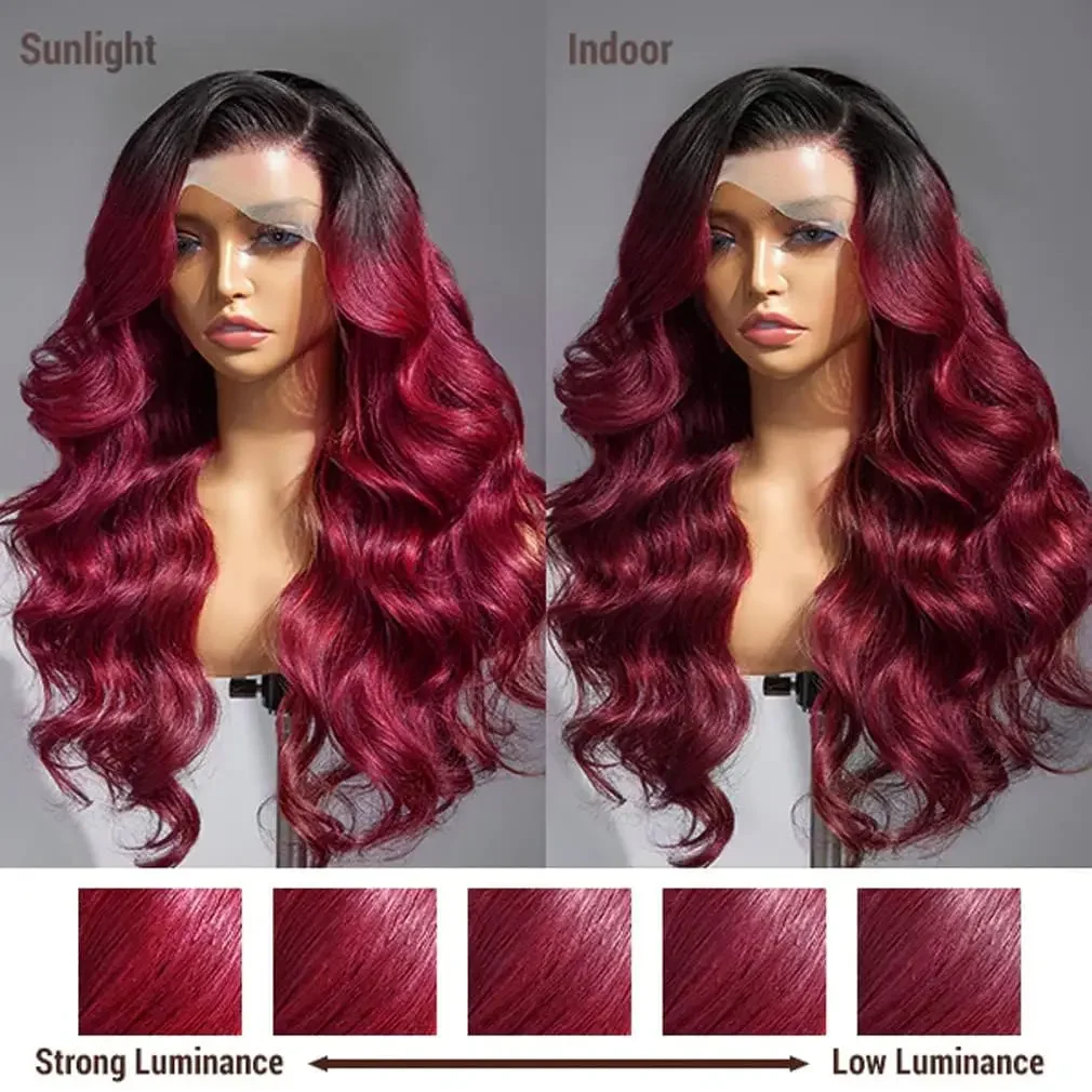 Ombre 1b 99j Body Wave 150% HD 13×4 Lace Front Wigs Human Hair Burgundy Glueless 4×4Pre Cut Transparent Lace Closure Wig elegant