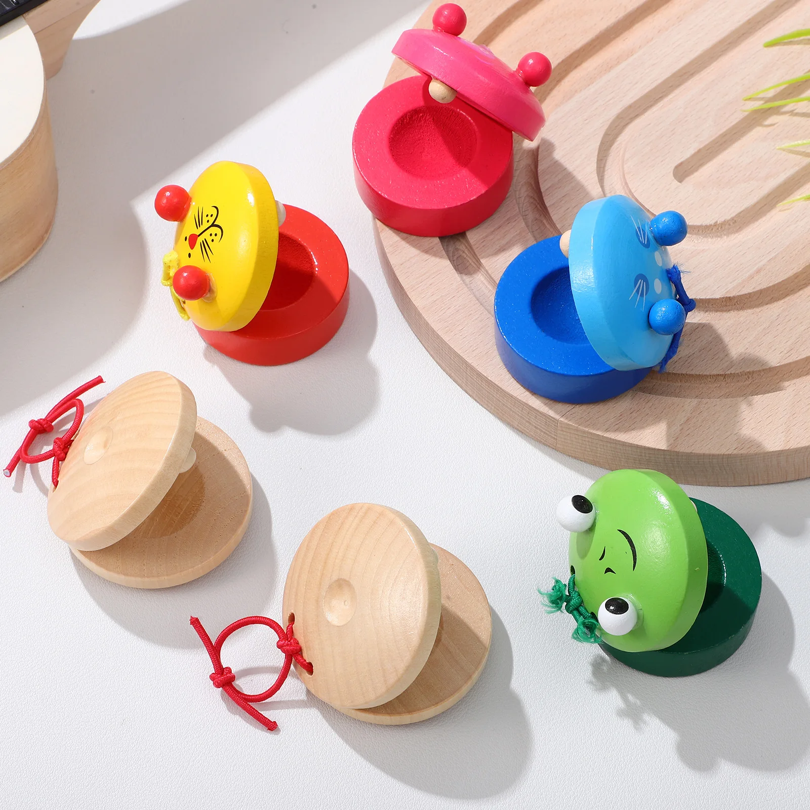 

10 Pcs Log Speaker + Colored Cartoon Finger Castanet Mini Wood Kids Percussion Instruments