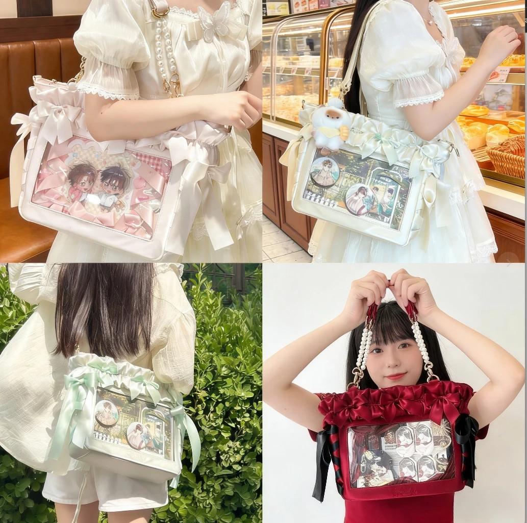

Japanese Sweet Cute Lolita Bow Satin Ruffle Edge Pearl Portable Lta Bag Women's Large-capacity Computer Book Shoulder Bag Girl
