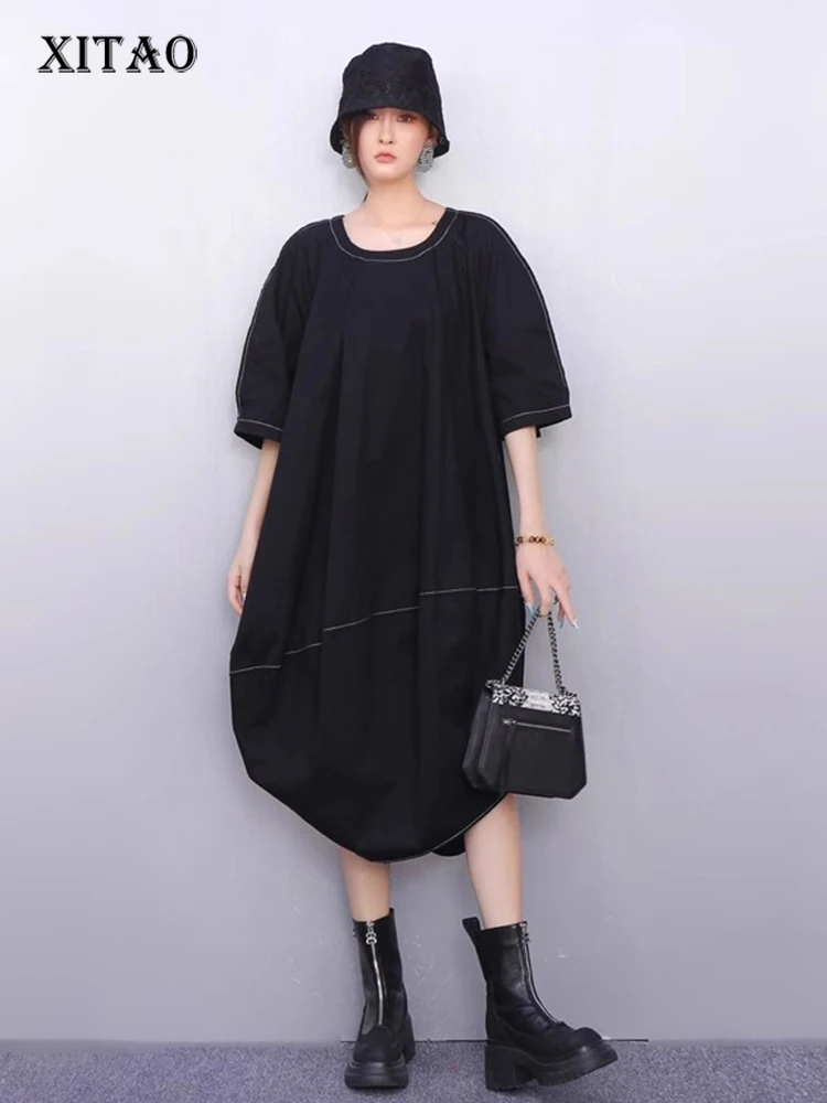 

XITAO Asymmetrical O-neck Pullover Dress Solid Color Half Sleeve Patchwork Loose Slimming Casual All Match Women Dress ZMY1391