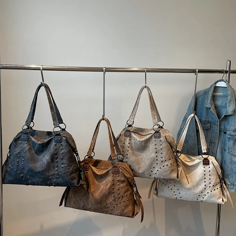 المرأة ريترو سعة كبيرة حقيبة يد بولي Leather الجلود المسامير تصميم حقيبة كتف حقيبة سفر عادية تحت الإبط حقيبة يد 2025 نمط فاسق جديد #5