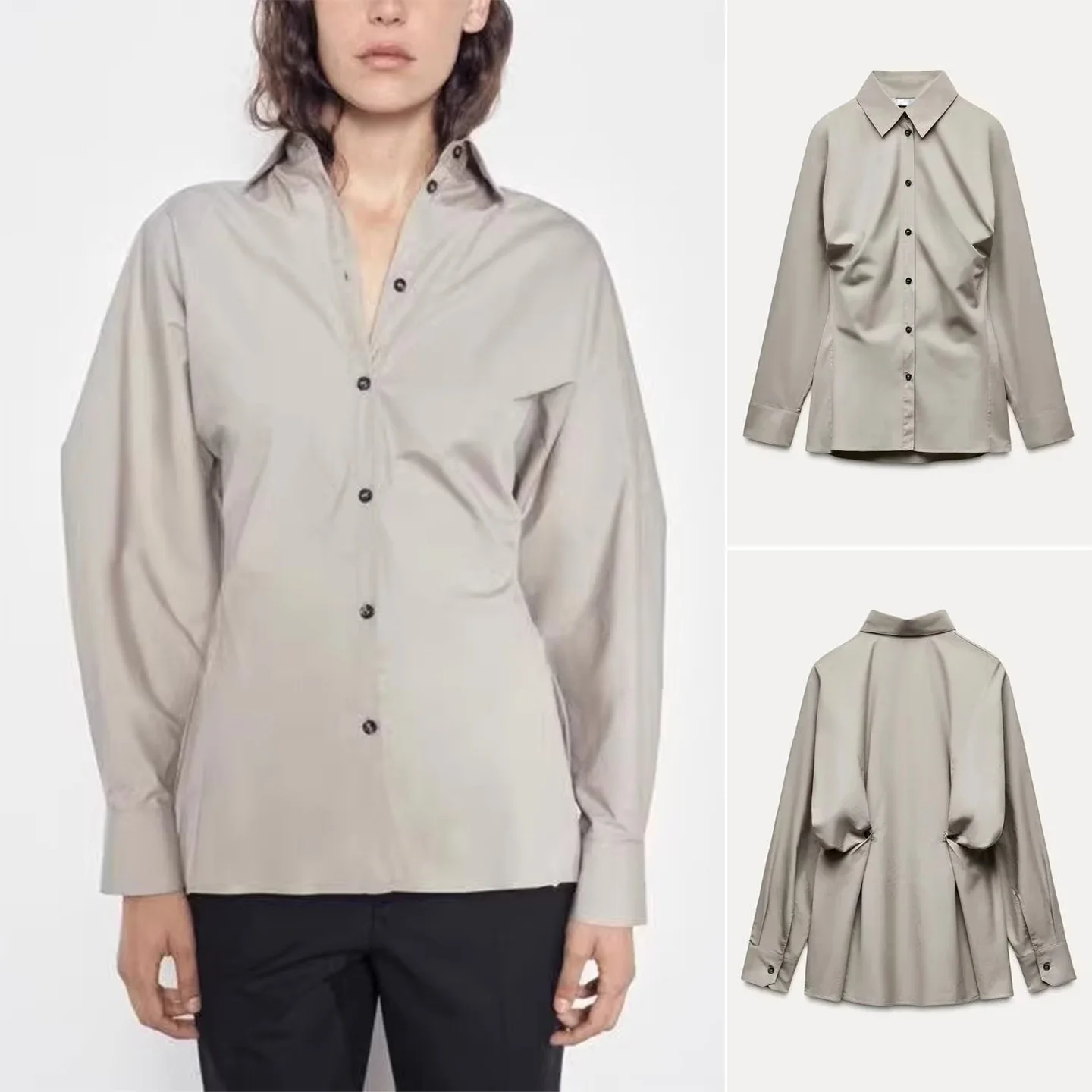 

Winter New Women's Commuter Sle Long Sve Turn-down Collar Single Button Waist-cinching irt Top French Sle Slim Fit P...