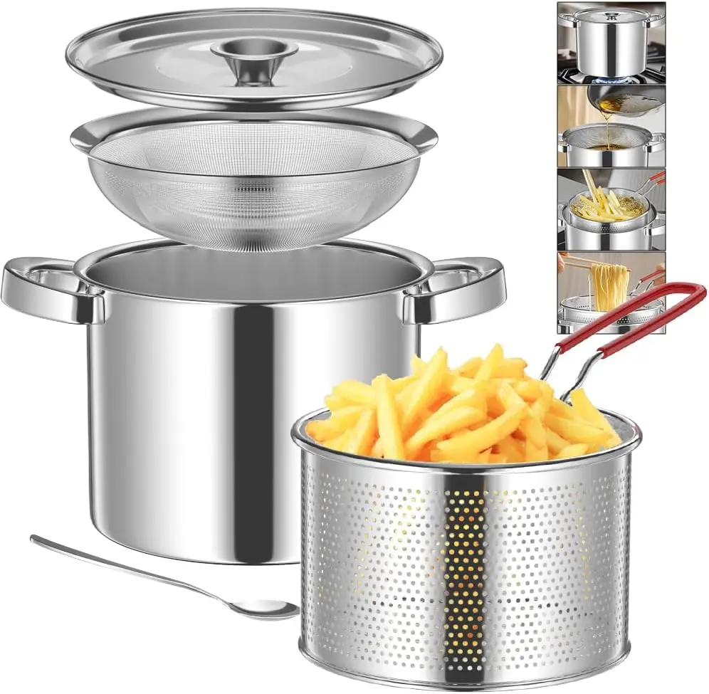 

Stainless Steel Oil Filter Pan with Filter Frying Pan Double Ears with Frying Basket with Cover Grease Storage