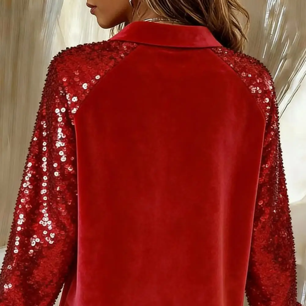 Versatile Women Top Women’s Sequin Velvet Blouse Long Sleeve Glittery Button-down Shirt Lapel Top for Party Date Nightclub