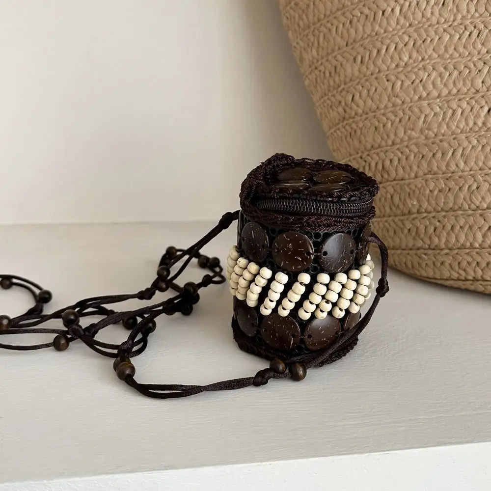 

All-match Cloth Ethnic Style Crossbody Bag Coconut Shell Retro Handmade Weave Bag Geometric Vintage Bohemian Shoulder Bag Women