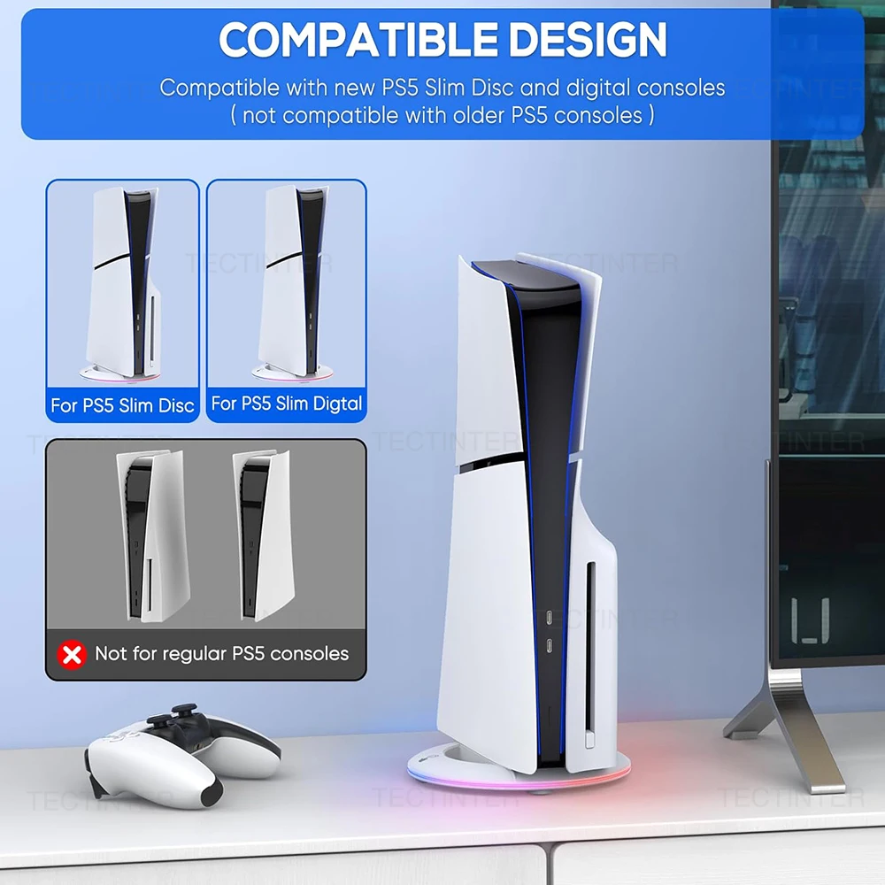 حامل تبريد عمودي مع ضوء RGB لوحدة التحكم PS5 ذات القرص النحيف/الإصدار الرقمي وحامل قاعدة مضاد للانزلاق ملحقات الألعاب