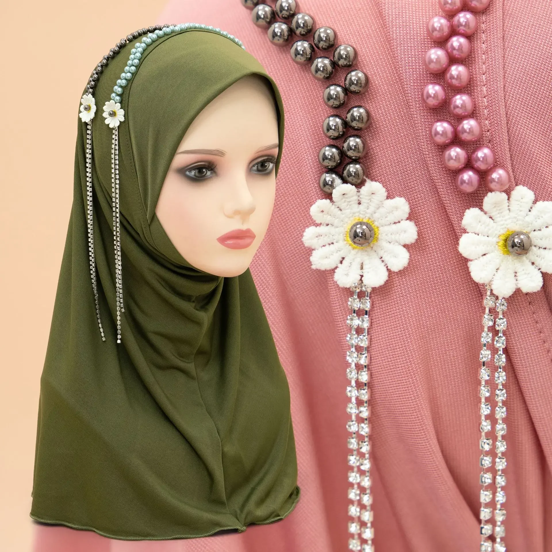 Middle Eastern Malay Women Headscarf Diamonds Pearl Flower Fringe Crystal Hemp Head Wrap Scarf Muslim Hijab Instant Scarf Amira