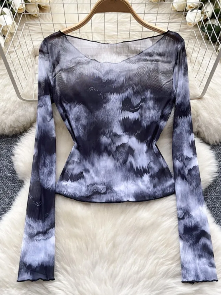 Y2k Chic Tie Dye Print  Shirt Vintage Sexy Bodycon Thin Crop Top Long Sleeve Women Streetwear Female Casual Clothes Summer New